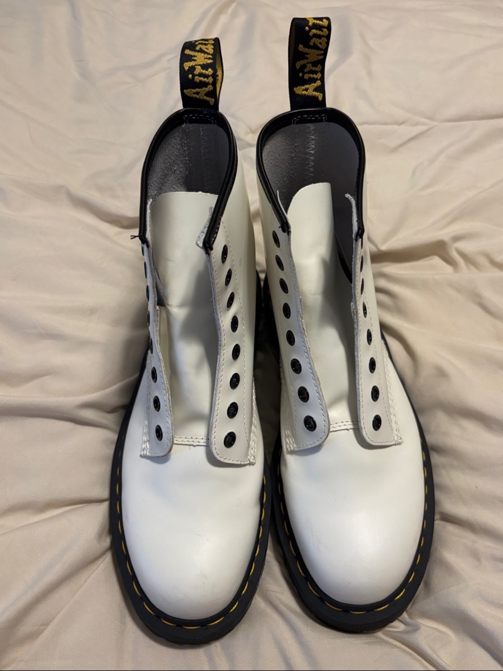 Dr. Martens White Leather Boots with Black Soles and Yellow Stitching
